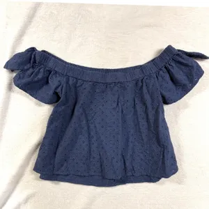 Abercrombie & Fitch S Navy Blue Eyelet Off Shoulder Crop Top Bow Tie Sleeve Boho thumbnail 2