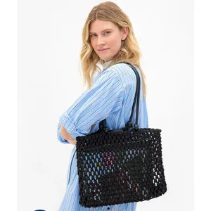 Clare V Black Sandy Tote Bag Cotton Rope Macrame Leather Handles NWT thumbnail 2