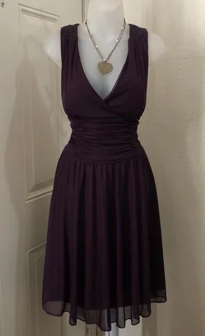Jessica Howard Y2K Dark Purple Fairy Grunge Whimsygoth Prom Formal Sleeveless V-Neck Ruched Corset Dress Handkerchief Flowy Hem Mini/Midi Size 14/L-Measurement in pics thumbnail 3