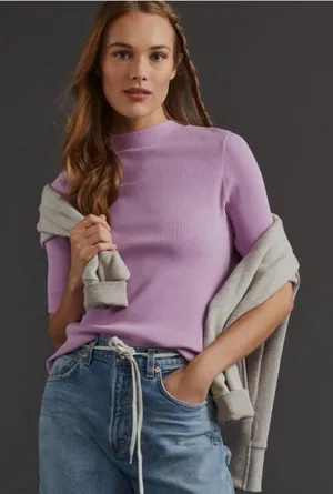 Anthropologie Maeve Purple Ribbed Half Sleeve Cotton Blend Mock Neck Top thumbnail 1