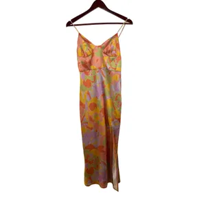 Runaway The Label Tammy Midi Dress S Floral Orange Yellow Satin Slit Retro New‎ thumbnail 2