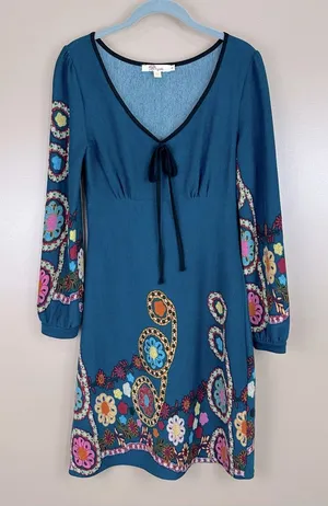 Aryeh Teal Floral Knit Sweater Babydoll Dress Small Colorful Flower Power Retro thumbnail 1