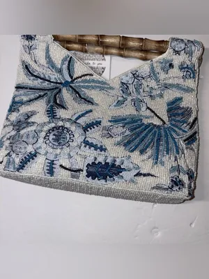 Beaded Floral Pink & White Handbag with Bamboo Handle India handmade NWT thumbnail 3
