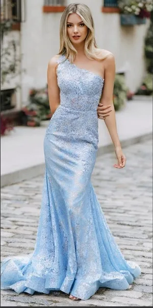 Mac Duggal 48910 Womens Blue One Shoulder Lace Trumpet Gown Dress thumbnail 1