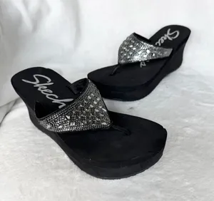 Skechers Black Wedge Flip Flops with Silver Rhinestone Straps Size 6 thumbnail 1