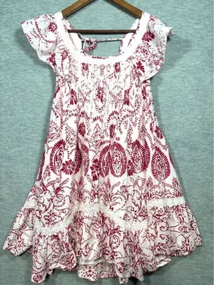 Maeve Anthropologie Dress S Red Floral Babydoll Mini Flutter Sleeve Lace Cottage thumbnail 1