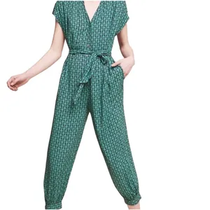 Maeve Anthropologie Jumpsuit Size XS Green Floral Geo‎ Belted Rayon Boho Cropped thumbnail 16