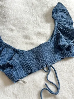 Anthropologie Daily Practice Blue Smocked Tie Front Crop Top M thumbnail 8