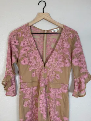 For Love & Lemons Temecula Mesh Embroidered Mini Dress in Nude Rose Pink Large thumbnail 4