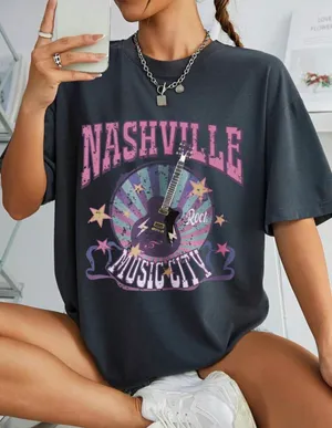 SHEIN EZwear Guitar and Letter Graphic Drop Shoulder Tee thumbnail 1
