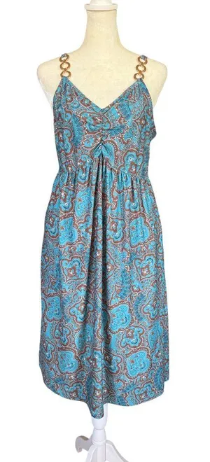 Women's blue and brown summer dress with pockets decorative gold rings size L thumbnail 1