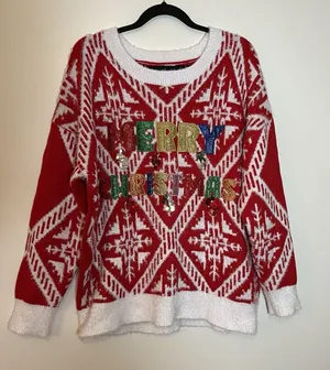 SOFT FUZZY Ugly CHRISTMAS SWEATER Holiday Time Embellished Colorful Sz‎ XL 16-18 thumbnail 1