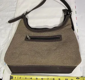 The Sak Woven Crochet Hobo Shoulder Bag Brown Leather Trim Zip Top thumbnail 1