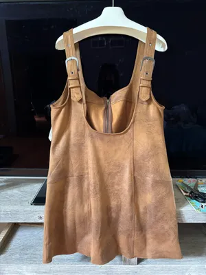 Free People Tan Faux Leather Pinafore Dress with Front Zip thumbnail 3