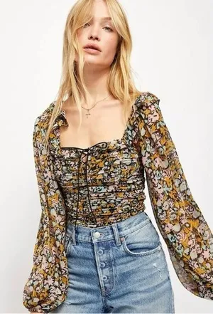Free People Mabel Printed Blouse in Black Combo Size Small‎ Floral thumbnail 1