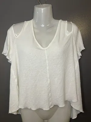 Free People Shirt Womens Small White V Neck Cold Shoulder Ruffle Sleeve Boho thumbnail 1