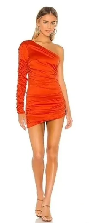Michael Costello x Revolve Womens Oscar One Sleeve Ruched Dress Orange Size XS thumbnail 1
