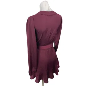 Lulus Red Maroon Long Sleeve V Neck Cocktail A Line Mini Wrap Dress Size S thumbnail 2