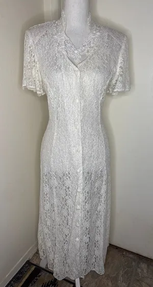 VTG 80s 90s Dawn Joy Fashions White Lace Dress Keyhole/ Collar Coquette Cottage thumbnail 1