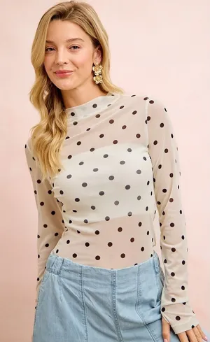 BiBi High Neck Line Polka Dots Mesh Top With Thumb Open - XLarge thumbnail 1
