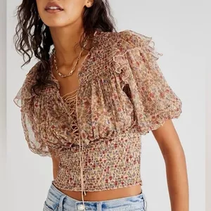 Free People Beatrice Floral Print Brown Lace Up Puff Sleeve Blouse Top Size S thumbnail 5