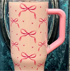 Pink Bow Tumbler w/cover & straw. Brand new with tags thumbnail 1