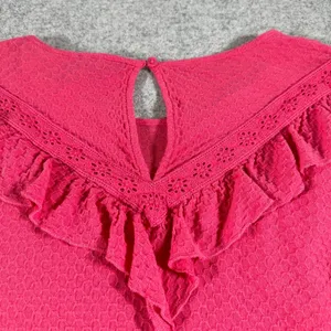 J. Crew Medium Womens Top Blouse Honeycomb Pattern Ruffle Neck Pink Puffy Sleeve thumbnail 9