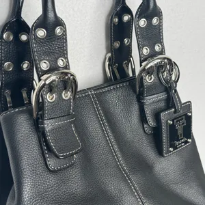 Tignanello Black Genuine Leather Satchel Handbag Buckle Top Handle Y2K thumbnail 12