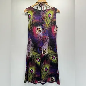 Peacock Feather Shift Dress with Embellished Neckline Sleeveless Size Medium thumbnail 9