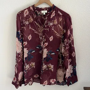 Lucky Brand Ruffled Floral Print Button Up Shirt Chiffon Semi Sheer Large thumbnail 2