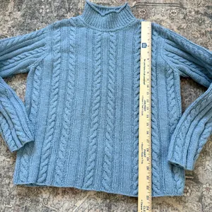 J. Crew Hand Knit Cable Knit Mock Neck Wool Blend Sweater Blue Small thumbnail 3