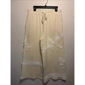 POL Wide Leg Crochet Lace Floral Cream White Elastic Waist Size L 100% Cotton thumbnail 2