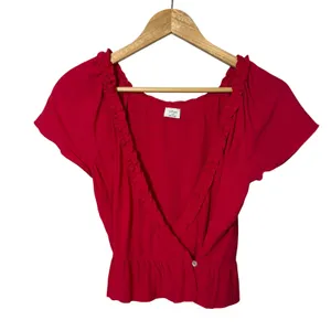 Wilfred Red Ruffle Wrap Peplum Blouse Short Sleeve V Neck‎ XS thumbnail 2