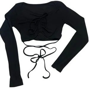 Ruched Bust Wrap Tie Long Sleeve Crop Top Black Medium Y2K Coquette Balletcore thumbnail 1