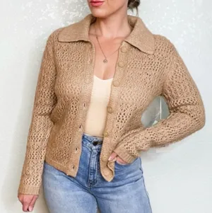 Joie tan knit button down knitted sweater cardigan w/ collar sz M thumbnail 1