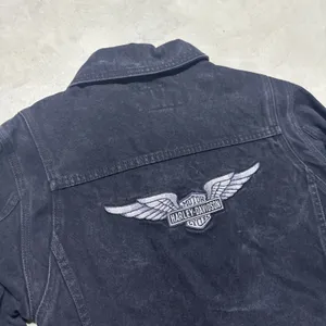 Harley Davidson Black Jean Denim Jacket Embroidered Wings Women's Size Medium thumbnail 3