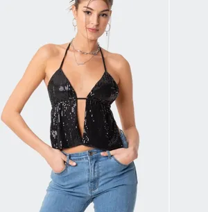 NWOT Ediked Estelle Open Back Sequin Top Black Tie Back Very Low Cut Size XS thumbnail 4