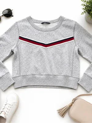Abercrombie & Fitch Gray Cropped Fleece Sweatshirt Womens M Retro Stripe Y2K Top thumbnail 5