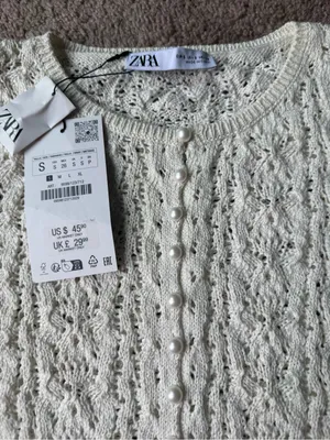ZARA White Crochet Knit Button Up Short Sleeve Sweater Small thumbnail 3