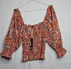 NWT House of Harlow 1960 puff sleeve floral smocked top charisma orange top sz M thumbnail 3