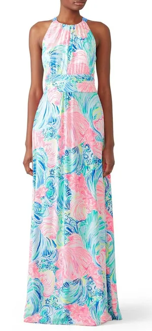 NWT Lilly Pulitzer Martina Maxi in Beach Please Tie Halter Neck Jersey Dress S thumbnail 1
