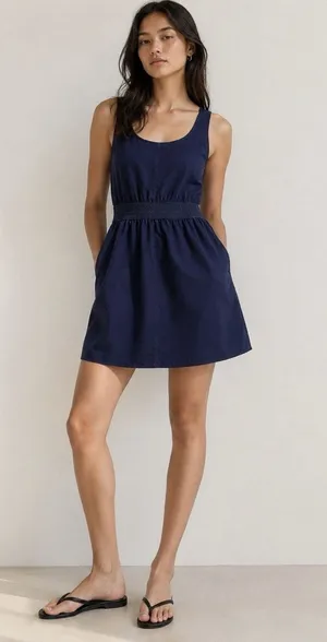 Wilfred Aritzia Women’s Navy Blue Mini Dress Smocked Waist Scoop Neck Size S thumbnail 1