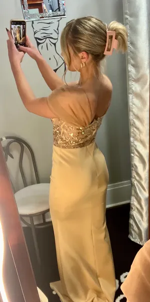 Boutique Tan/Nude Satin And Corset Mesh Embroidered Maxi Dress thumbnail 2