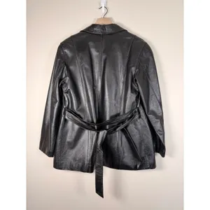 GIANT Black Leather Jacket Belted Collar Button Front Size‎ M Size M thumbnail 3