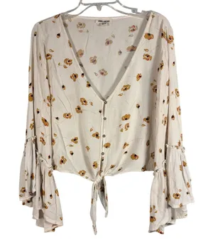 Billabong Lust Wild Floral Crop Tie Front Top Small Bell Sleeve Excellent Boho‎ thumbnail 1