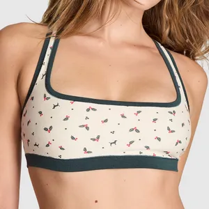 VS PINK Cotton Dorm Unlined Bralette & Flannel Pajama Shorts Cream Holly Print M thumbnail 3