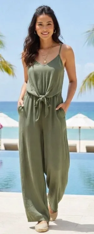 Umgee Beachy Wide Leg Jumpsuit Size XL Olive Green Tencel Tie Front Minimalist thumbnail 1