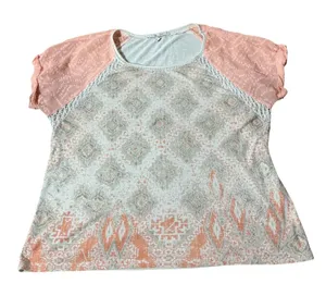 Miss‎ Me Womens L Peach Boho Medallion Print Swiss Dot Short Sleeve Top MT1162S thumbnail 1