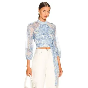 Amanda Uprichard Sheer Floral Cropped Tie Blouse Open Back Mock Neck Blue S thumbnail 4