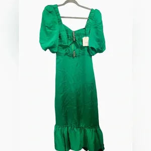 💚‎ Sandro Paris Rhinestone Cutout Green Midi Dress ✨ Puff Sleeve Glam 💚 thumbnail 2